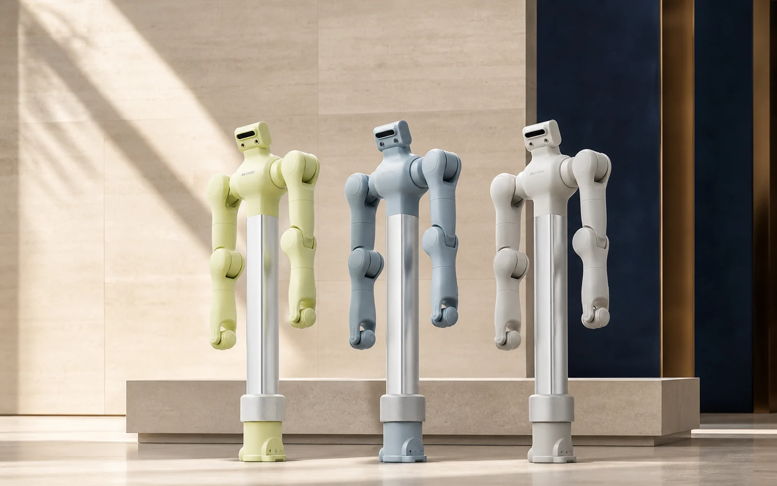 Three Tianji humanoid robots in a warm research gallery