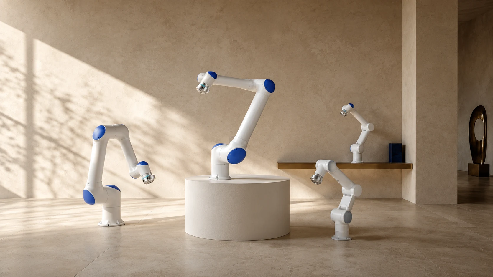 A family of collaborative robot arms arranged in a sunlit product gallery